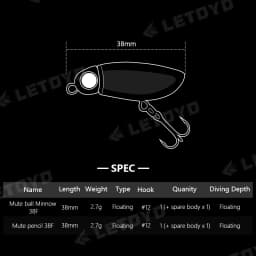 LETOYO Floating Minnow 38F/Pencil 38F 38mm 2.7g Topwater Artificial Silicone Bait Soft Plastic Body Trout Fishing Lures