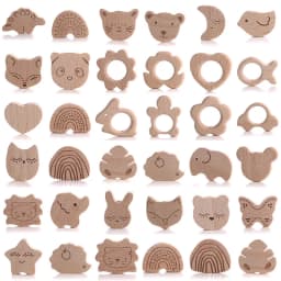 10Pcs Beech Beads Heart Butterfly Rainbow Elephant Flower Animal Wooden Beads for Bbay Chew Teether Beads Pacifier Clips Chain
