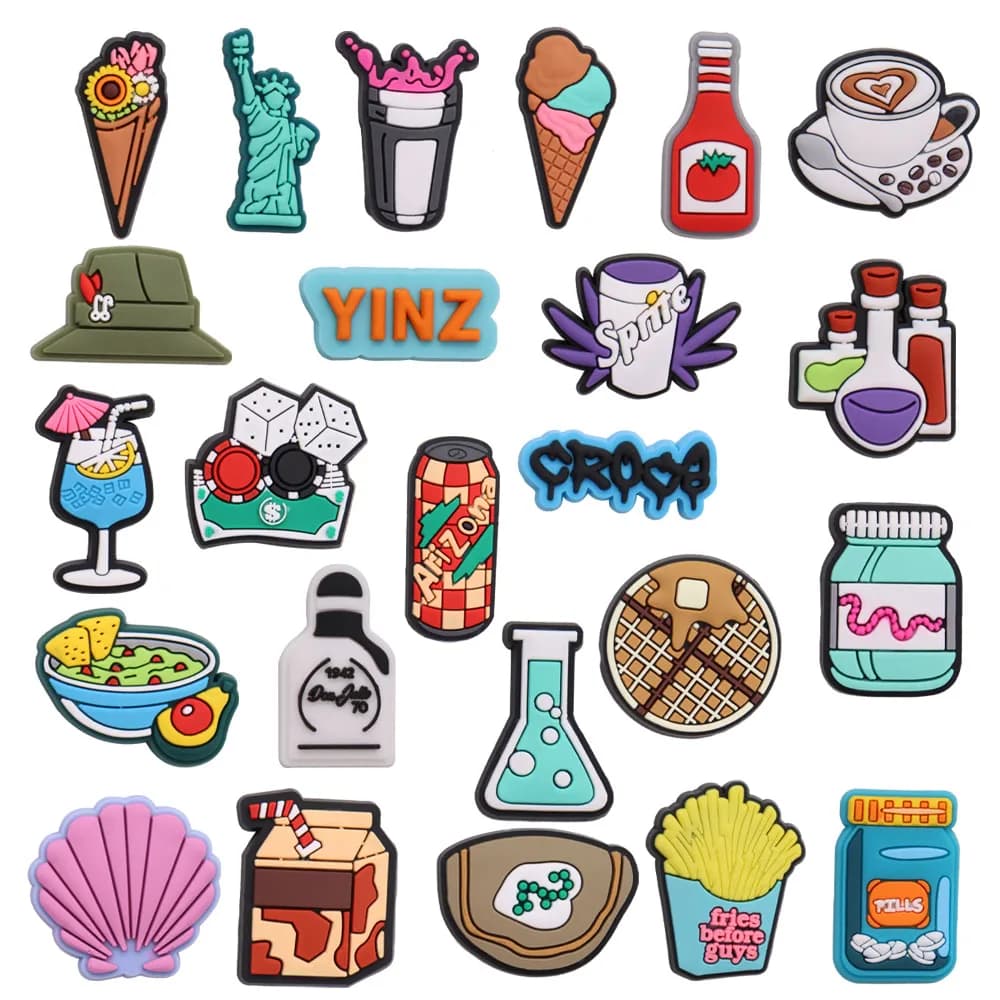 New 1Pcs Ice Cream Coffee Hat Drink Statue of Liberty Shoe Charms Accessories PVC Sandals Shoes Buckle Fit Backpack Clogs Pins