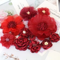 10PCS/Lot Red Series Rose Camellia Chiffon Fabric Flower For Wedding Invitation Artificial Flowers For Dress Decoration