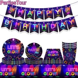 Neon Party Tableware Tablecloths Cups Plates Banner Napkins Straws Balloons Neon Glow Birthday Party Decoration Supplies