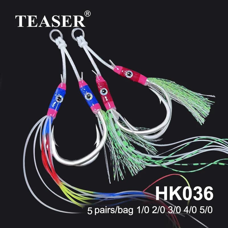 TEASER 5pairs Double Eyes Jig Hook Slow Jigging Hook Colorful Feathers Hook Fishing Jighook Assis Hooks Saltwater Pike Fishhooks