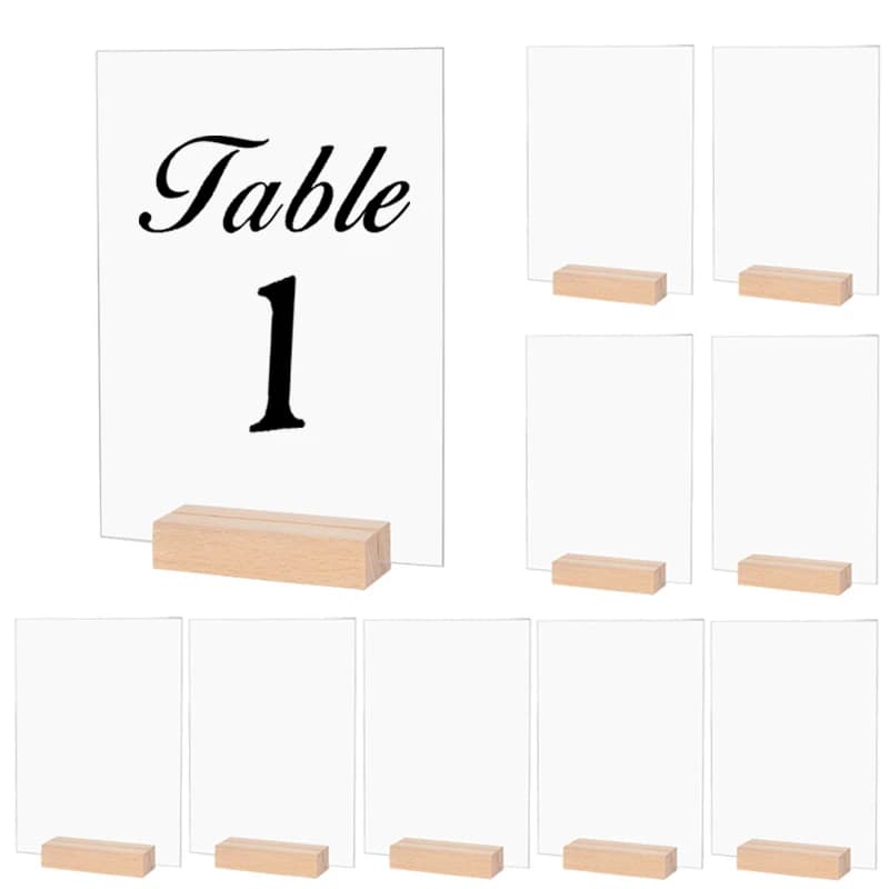 10Pcs Acrylic Wedding Table Number Sign DIY Blank Clear Display Signs with Wooden Base for Wedding Party Event Table Decoration