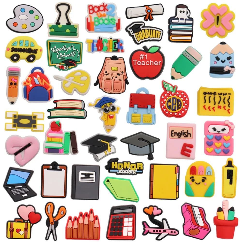1pcs PVC Shoe Charms Folder Book Graduation School Bus Teacher Schoolbag Sandals Shoes Decoration Fit Wristbands Kid Party Gift