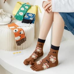 New Five-Finger Ladies Breathable Sweat-Absorbing Mid-Tube Split-Toed Socks Cute Cartoon Student Girl Socks