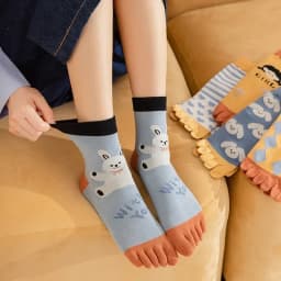 New Five-Finger Ladies Breathable Sweat-Absorbing Mid-Tube Split-Toed Socks Cute Cartoon Student Girl Socks