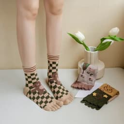 New Five-Finger Ladies Breathable Sweat-Absorbing Mid-Tube Split-Toed Socks Cute Cartoon Student Girl Socks