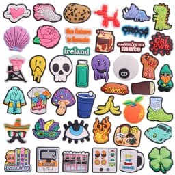 1-43PCS PVC Shoe Charms Flame Clover Eyes Cart Sushi Cup Ghost Tee T-Shirt Hot Dog Buckle Clog Fit Wristbands Accessories