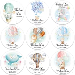 Custom Welcome Baby Hot Air Balloon Animals Birthday Party Labels Favors Round Sticker Baby Shower Personalise Travel Sticker