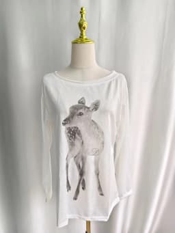 Women Off Shoulder Long Sleeve T‑Shirt Deer Animal Print Loose Casual Thin Cotton Slash‑Neck Oversized Tops
