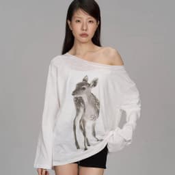 Women Off Shoulder Long Sleeve T‑Shirt Deer Animal Print Loose Casual Thin Cotton Slash‑Neck Oversized Tops