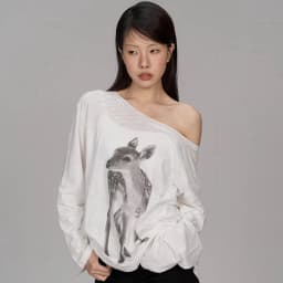 Women Off Shoulder Long Sleeve T‑Shirt Deer Animal Print Loose Casual Thin Cotton Slash‑Neck Oversized Tops