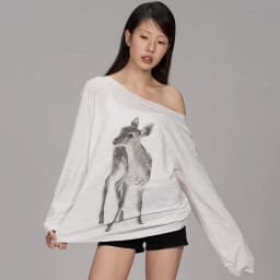 Women Off Shoulder Long Sleeve T‑Shirt Deer Animal Print Loose Casual Thin Cotton Slash‑Neck Oversized Tops