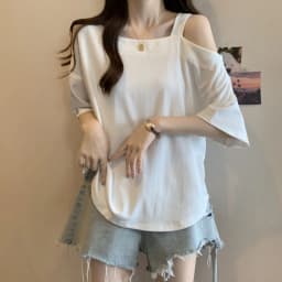 Large Size Women's Clothing Summer New Solid Color Loose and Thin Age Reduction Irregular Off-the-shoulder Short-sleeved T-shirt