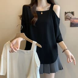 Large Size Women's Clothing Summer New Solid Color Loose and Thin Age Reduction Irregular Off-the-shoulder Short-sleeved T-shirt