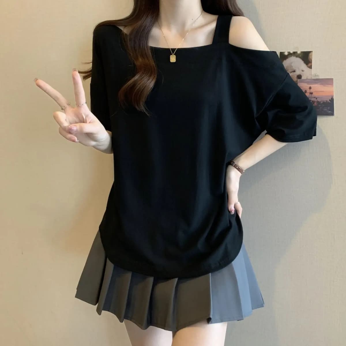 Large Size Women's Clothing Summer New Solid Color Loose and Thin Age Reduction Irregular Off-the-shoulder Short-sleeved T-shirt
