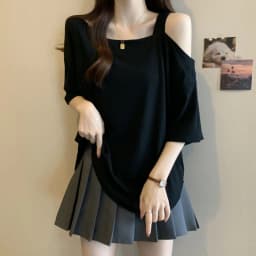 Large Size Women's Clothing Summer New Solid Color Loose and Thin Age Reduction Irregular Off-the-shoulder Short-sleeved T-shirt