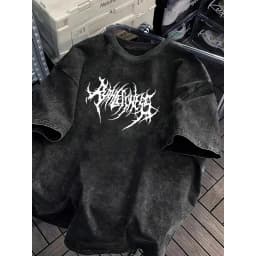 Vintage Acid Wash Powerfulness Gothic Metal Font Graphic T-Shirt Oversized Streetwear Casual Cotton Tops for Men Women