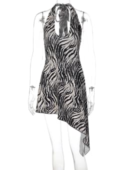 Dulzura Women'S Sexy Backless Lace Up Irregular Zebra Stripes Mini Dress Fashion Elegant Halter Dress Party Club Summer Clothes