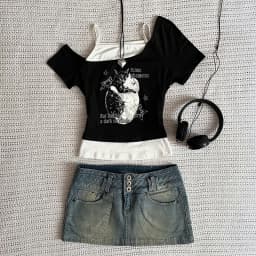 Asthetische Goth Fledermaus Brief Y2K Stil Zweitelige T-Shirt Kurzarm Weste Harajuku Streetwear Hosenträger Frauen Kleidung Shir