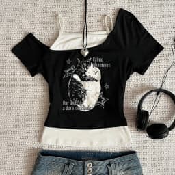 Asthetische Goth Fledermaus Brief Y2K Stil Zweitelige T-Shirt Kurzarm Weste Harajuku Streetwear Hosenträger Frauen Kleidung Shir