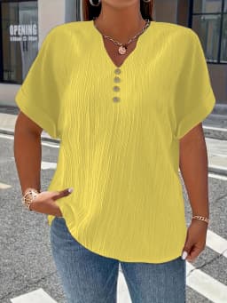 Plus Size Women's Casual Crinkle Blouse with Button Detail Relaxed Fit Short Sleeve Top