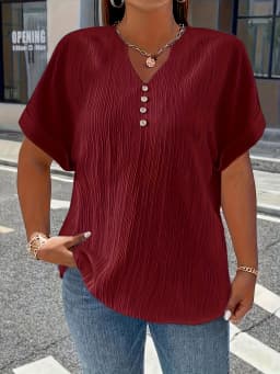 Plus Size Women's Casual Crinkle Blouse with Button Detail Relaxed Fit Short Sleeve Top