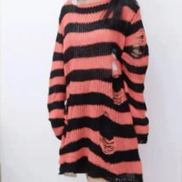 New Streetwear Top Punk Gothic Long Unisex Sweater Summer Women Striped Cool Hollow Out Hole Broken Jumper Loose Rock Thin Dark