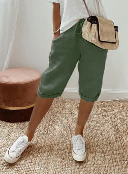 European and American Cross-Border New Summer Cotton and Linen Pocket Elastic Casual Pants for Women Five Quarter Pants