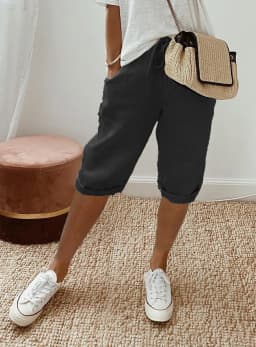European and American Cross-Border New Summer Cotton and Linen Pocket Elastic Casual Pants for Women Five Quarter Pants
