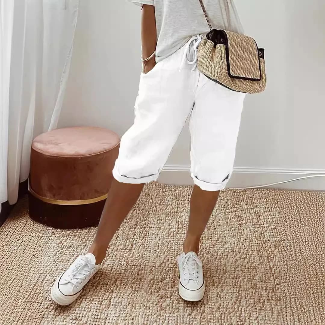 European and American Cross-Border New Summer Cotton and Linen Pocket Elastic Casual Pants for Women Five Quarter Pants