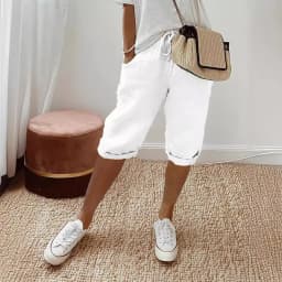 European and American Cross-Border New Summer Cotton and Linen Pocket Elastic Casual Pants for Women Five Quarter Pants