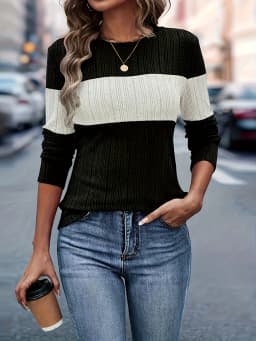 Autumn new style elegant casual women's European and American style knitted long-sleeved contrast-colored slim-fitting top
