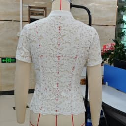 Women's Summer Short Sleeve Mandarin Collar Button Up Shirt Elegant Floral Lace Front Frog Button Closures Mesh Top for Party