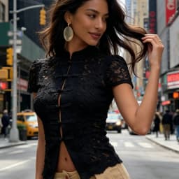 Women's Summer Short Sleeve Mandarin Collar Button Up Shirt Elegant Floral Lace Front Frog Button Closures Mesh Top for Party