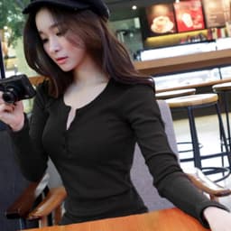 Women Ribbed Long Sleeve T Shirt Stretch Slim Fit Button Placket Casual Autumn Winter Basic Inner Wear Blouse