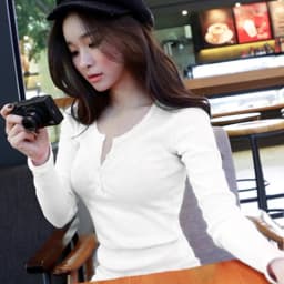 Women Ribbed Long Sleeve T Shirt Stretch Slim Fit Button Placket Casual Autumn Winter Basic Inner Wear Blouse