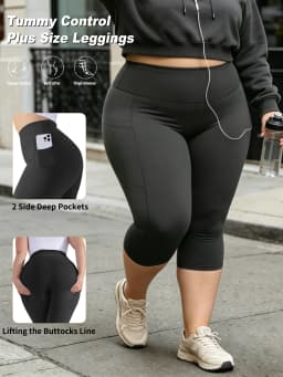 Capri Plus Size Leggings for Women with Pockets-Stretchy Tummy Control High Waist Workout Black Yoga Pants
