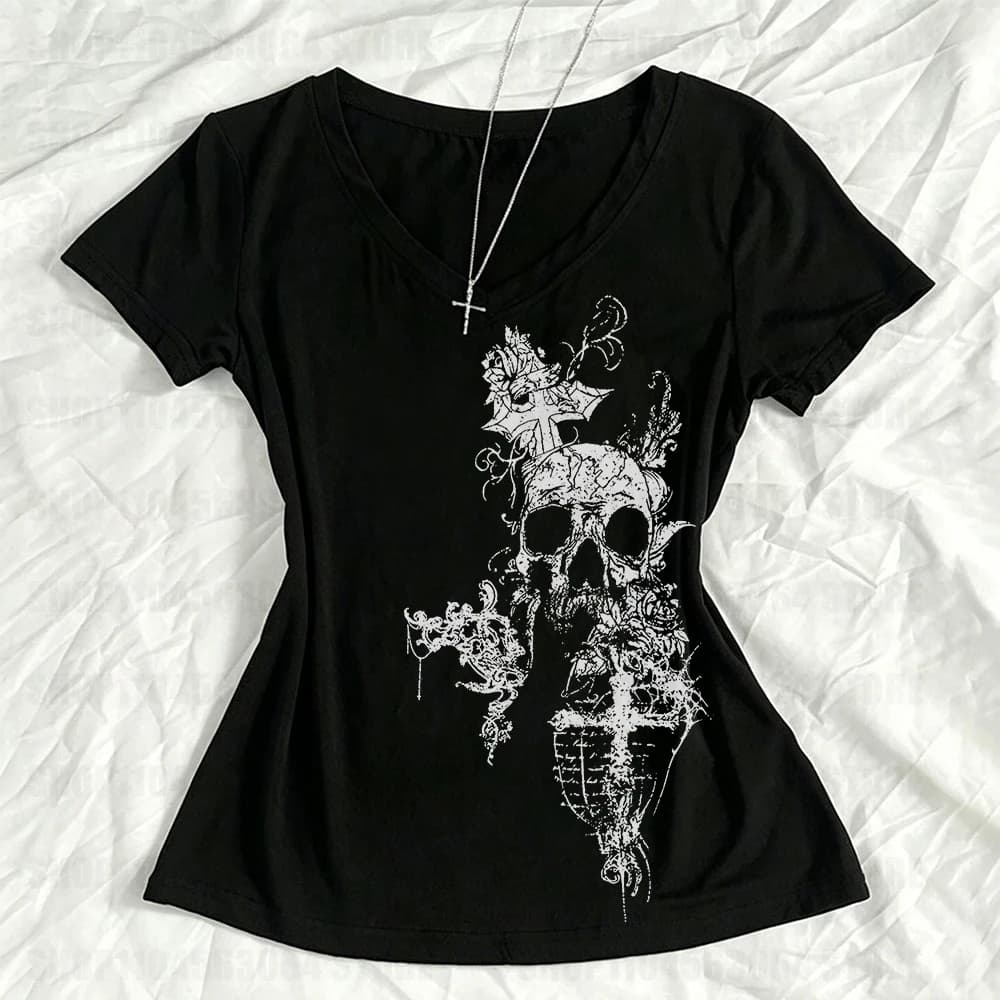 Skeleton crop top with independent pattern printed short sleeved T-shirt for women, 2000s Aesthetic Mall Goth E-girl Gothic T-sh