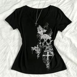 Skeleton crop top with independent pattern printed short sleeved T-shirt for women, 2000s Aesthetic Mall Goth E-girl Gothic T-sh