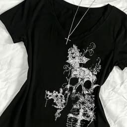 Skeleton crop top with independent pattern printed short sleeved T-shirt for women, 2000s Aesthetic Mall Goth E-girl Gothic T-sh