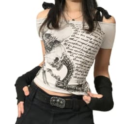 Harajuku Lace Patchwork Short Sleeve T-shirt Women Slim Chic Skull Print T-shirt Women Punk Aesthetic Hottie Tops Streetwear