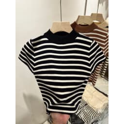 Half Turtleneck Pullover Striped Sweater Sweater Slim Fit Top Shirt Women's Early Spring and Autumn Short Sleeve Bottoming Shirt