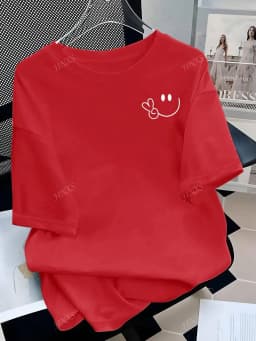 Short Sleeve Round Neck Tops Stylish Tee with Adorable Smile and Peace Sign Design Ideal for Curvy Ladies Into Playful Fashion