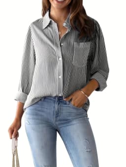 Women Long Sleeve Striped Loose Shirt Office Lady Elegant Turn Down Collar Harajuku Blouse Casual Lapel Tops Female Clothes