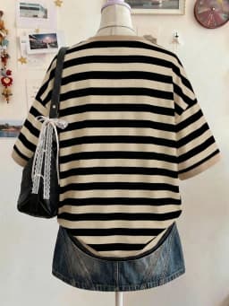 Women's Striped O-Neck Short Sleeve Contrast Color Oversized Tee Beige Summer Casual School Top Fashionable Elegant Y2K Style