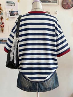 Women's Striped O-Neck Short Sleeve Contrast Color Oversized Tee Beige Summer Casual School Top Fashionable Elegant Y2K Style