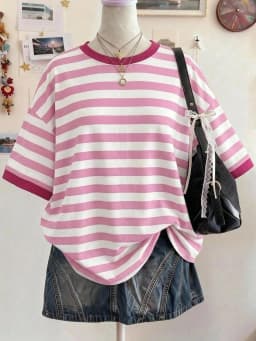 Women's Striped O-Neck Short Sleeve Contrast Color Oversized Tee Beige Summer Casual School Top Fashionable Elegant Y2K Style
