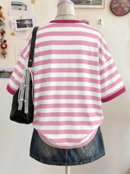Women's Striped O-Neck Short Sleeve Contrast Color Oversized Tee Beige Summer Casual School Top Fashionable Elegant Y2K Style