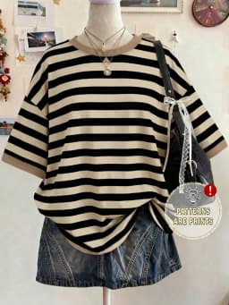 Women's Striped O-Neck Short Sleeve Contrast Color Oversized Tee Beige Summer Casual School Top Fashionable Elegant Y2K Style